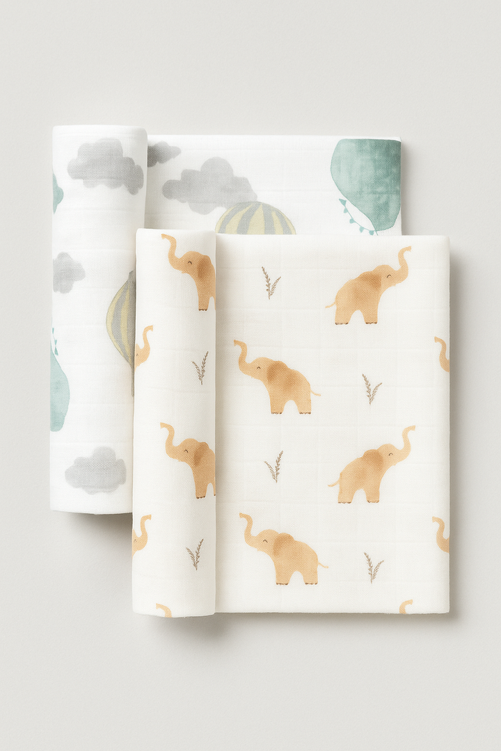 FS-512 2-pack swaddle blanket set in elephant and hot air balloon designs