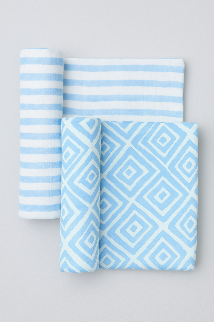 FS-507 2-pack swaddle blanket set in blue diamond and blue stripe designs