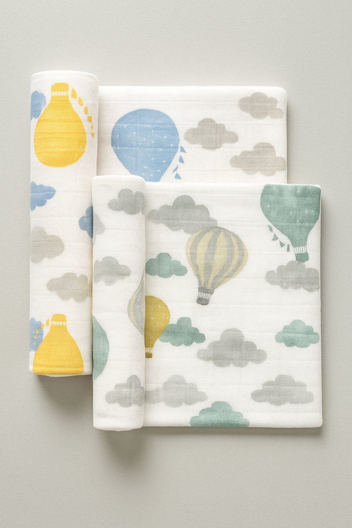 FS-513 2-pack swaddle blanket set in blue and green balloon designs