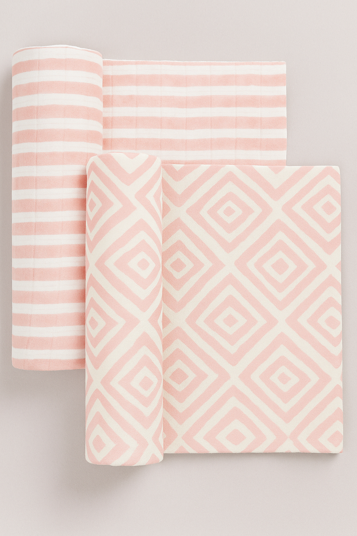 FS-510 2-pack swaddle blanket set in pink diamond and pink stripe designs