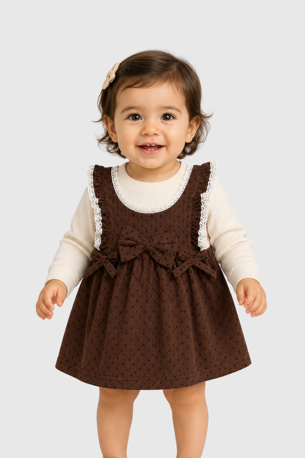 Baby girl wearing Featherhead Girls Cotton Interlock Polka Dot Frock FG-5639 in chocolate brown with white polka dots