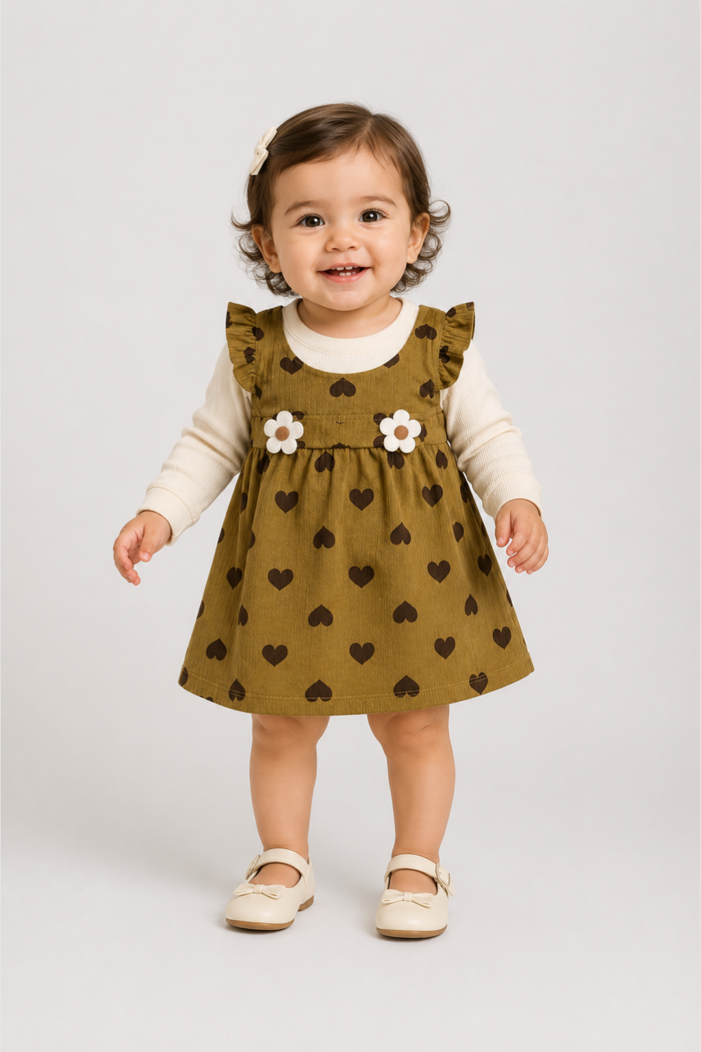 Baby girl wearing Featherhead Girls Cotton Interlock Corduroy Style Frock FG-5623 in mustard heart print