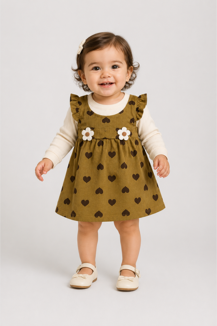 Baby girl wearing Featherhead Girls Cotton Interlock Corduroy Style Frock FG-5623 in mustard heart print