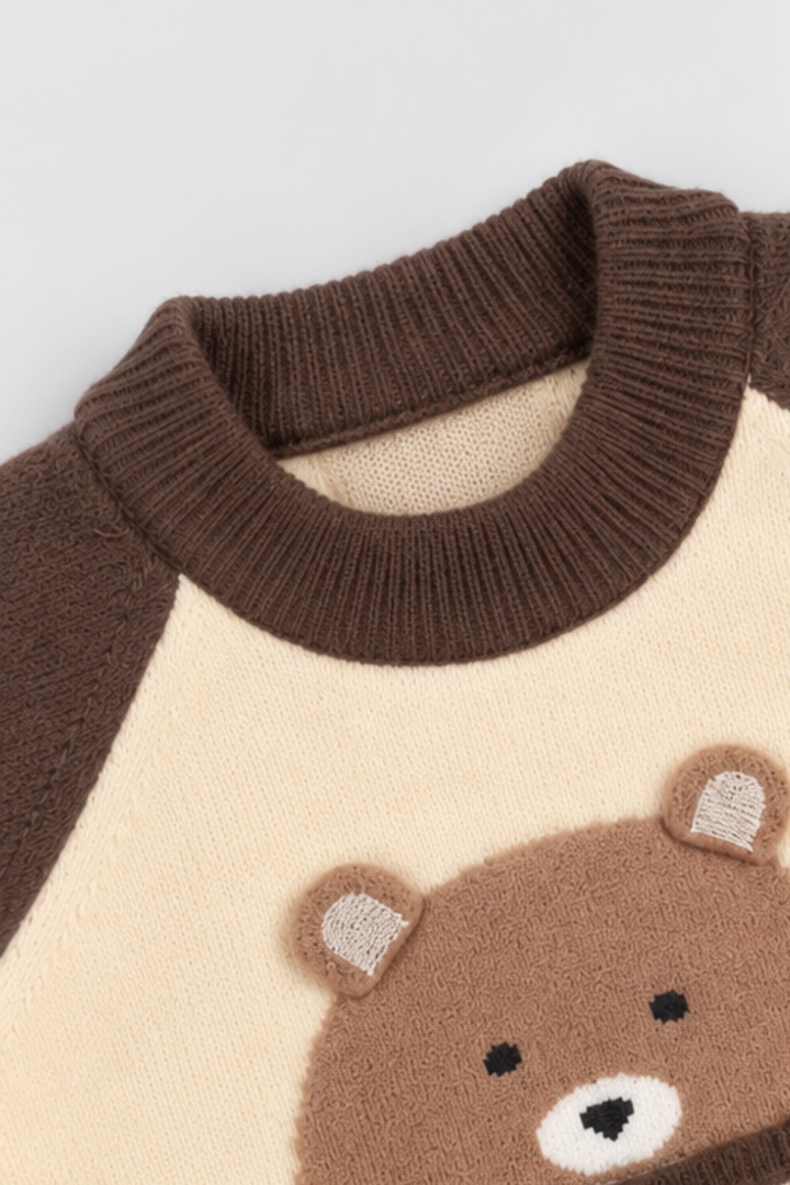 Chocolate Brown & Cream Cocoa Bear Colorblock Wool Sweater - FB-4353