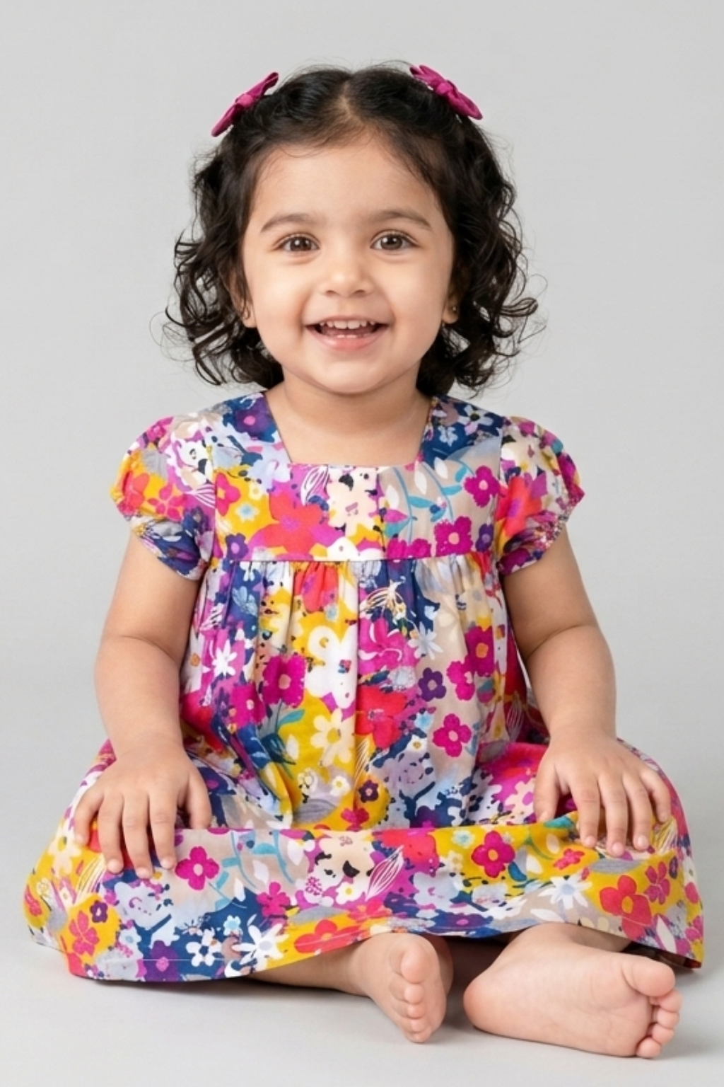 Girl wearing floral puff sleeve cotton dress – FB-5575