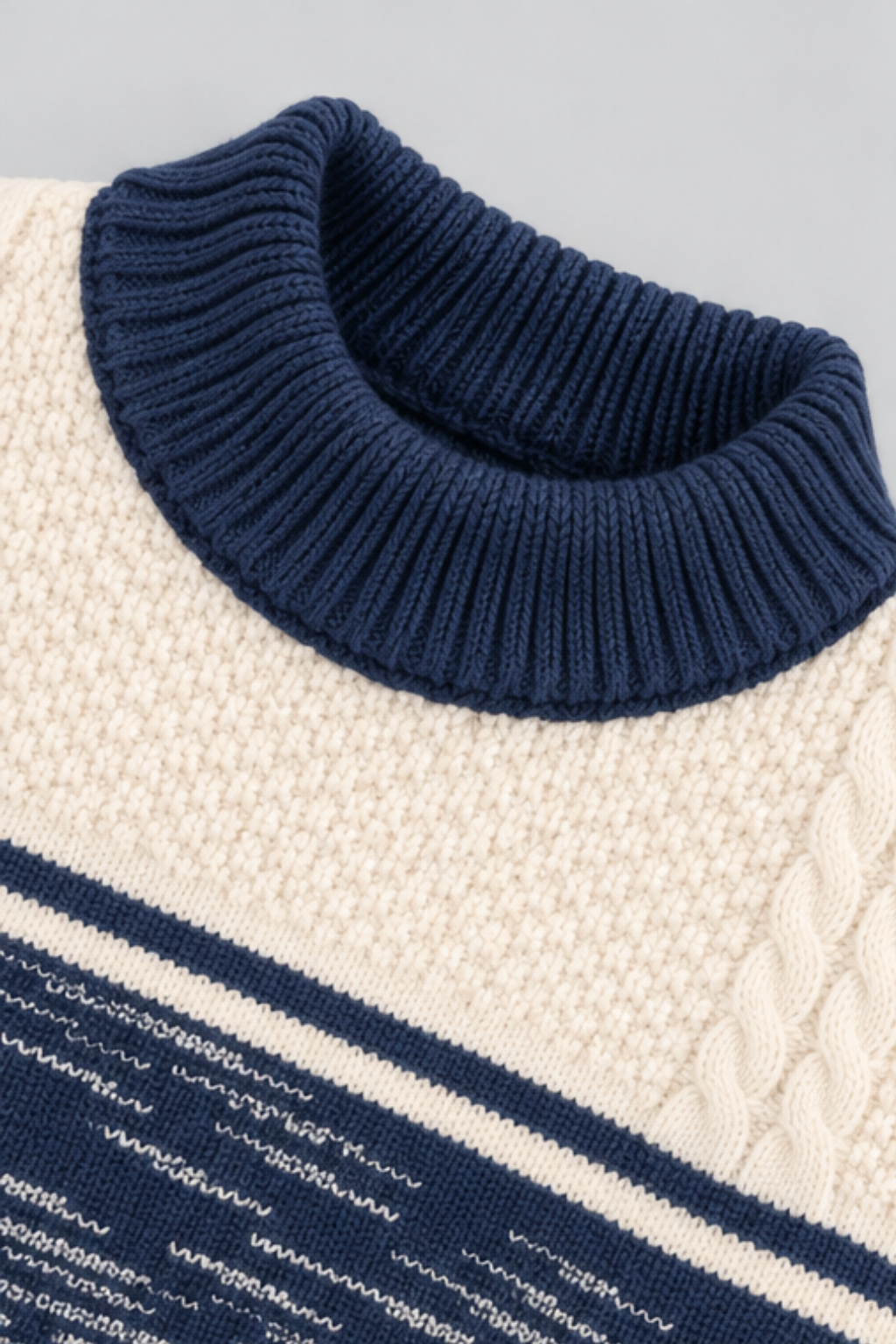 Ivory Cream & Navy Blue Classic Contrast Knit Sweater - FB-4316