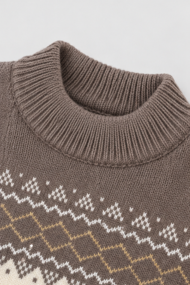 Close-up of mocha brown ribbed round neckline and Nordic knit pattern on kids winter sweater FB-4247