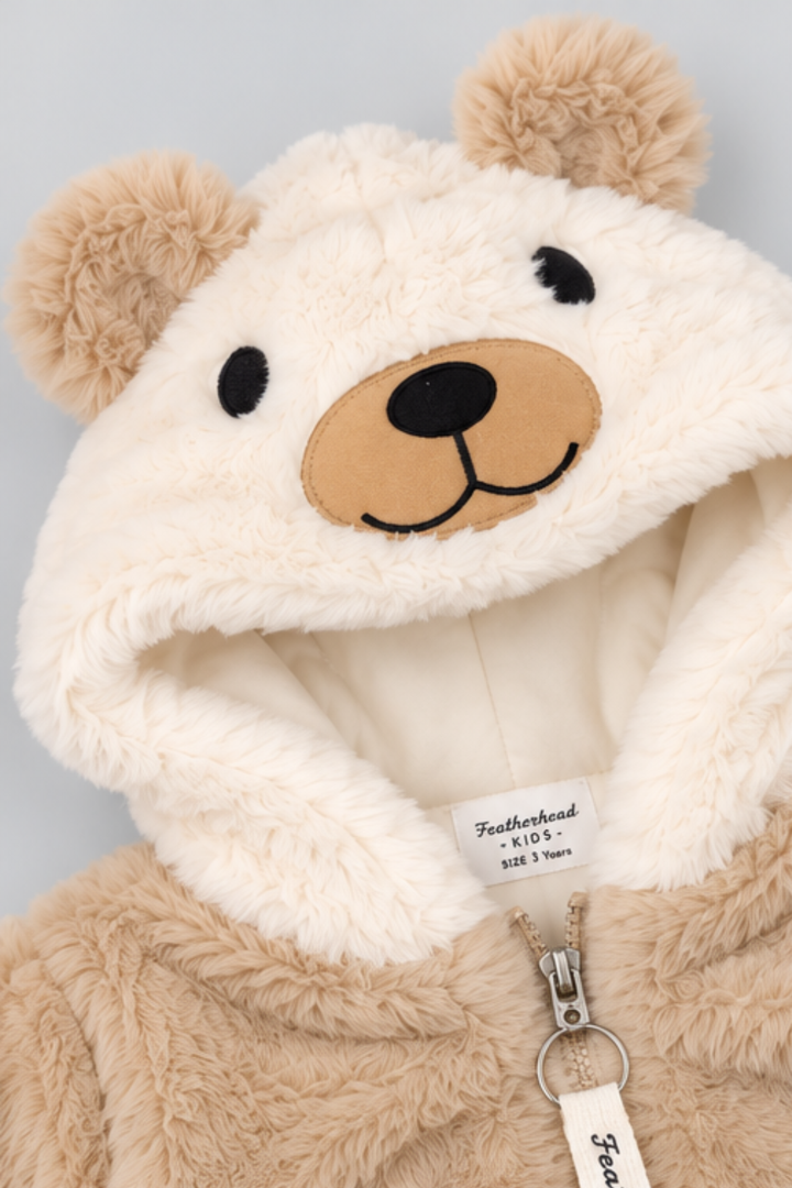 Camel Beige & Ivory White Teddy Paws Fur Zip-Up Hoodie - FB-10795