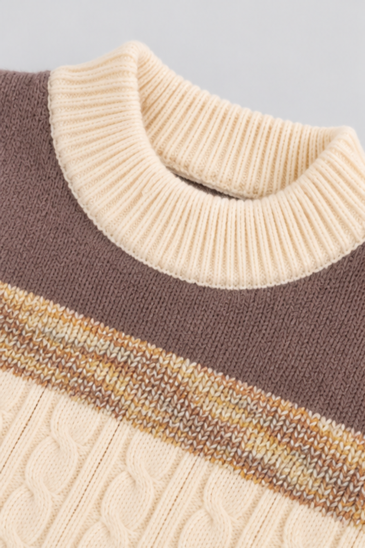 Close-up of cream ribbed round neckline and chocolate brown knitted pattern on boys sweater FB-4276