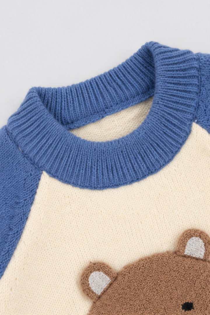 Royal Blue & Cream Baby Bear Colorblock Wool Sweater - FB-4348