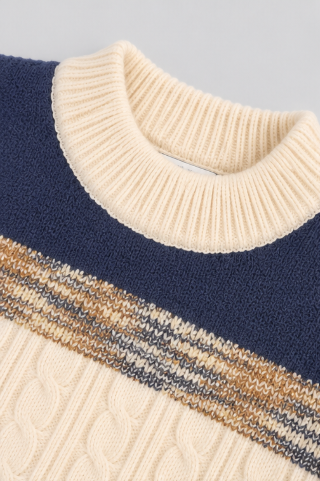 Navy Blue & Ivory Cream Classic Mélange Cable Knit Sweater - FB-4311