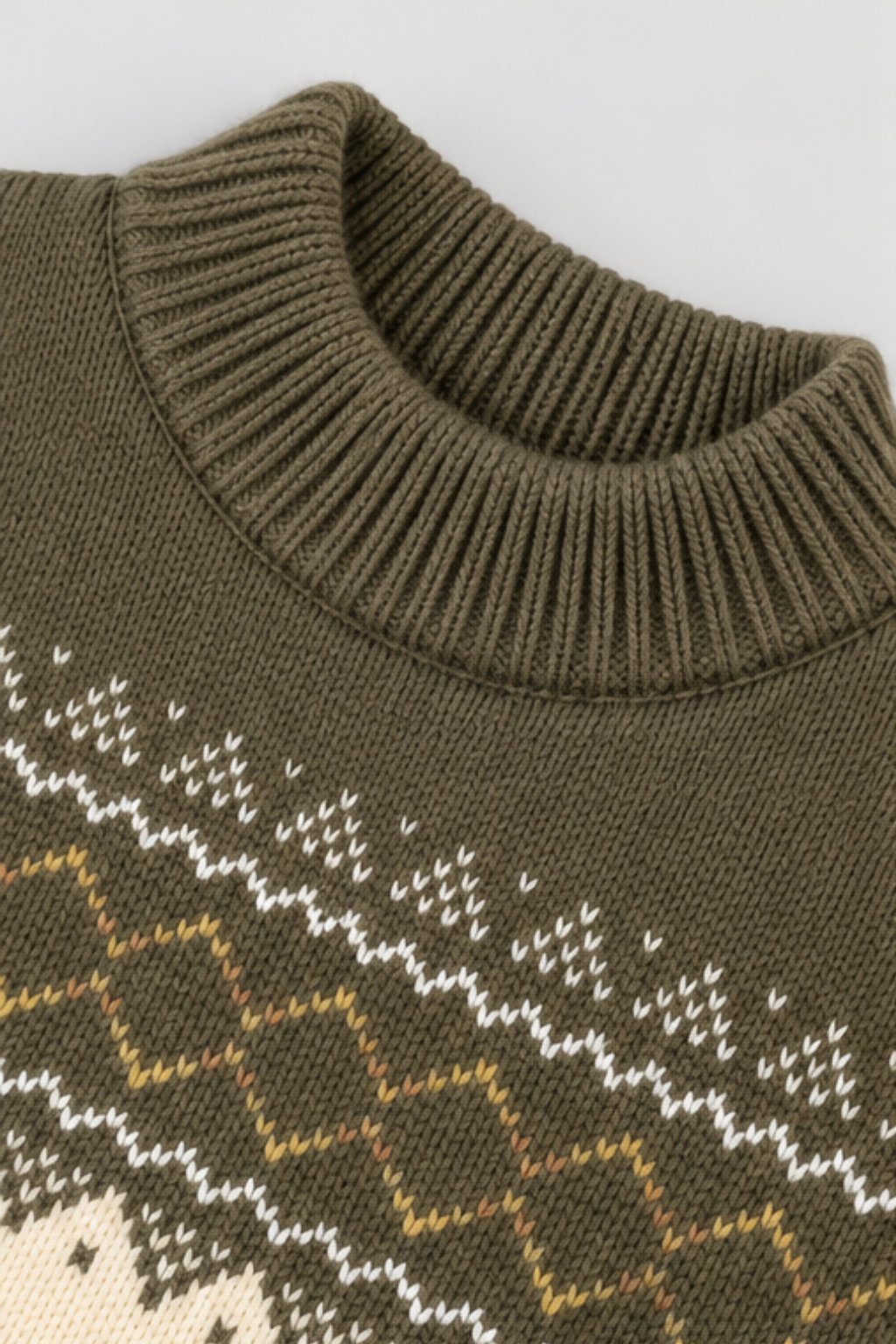 Close-up of olive green ribbed round neckline and Nordic knit pattern on kids winter sweater FB-4296