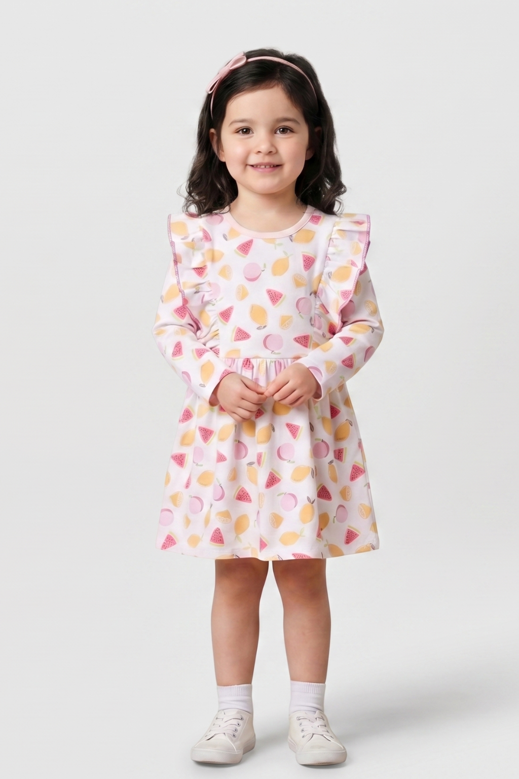 Girls floral ruffle yoke long sleeve cotton dress by Featherhead Baby