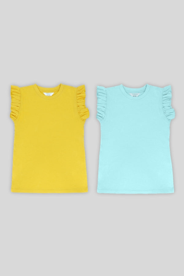 Yellow and blue kids tank tops side by side