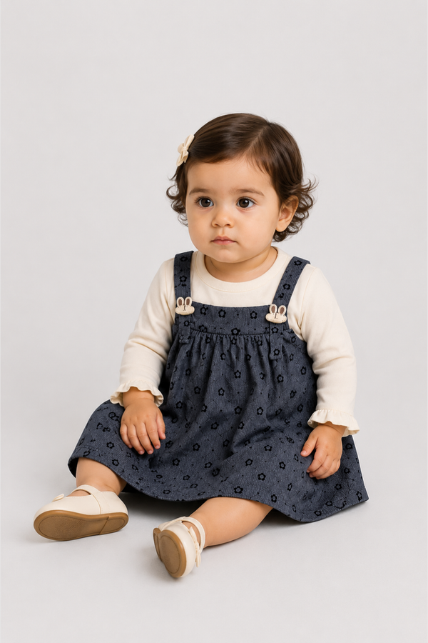 Baby girl wearing Featherhead Girls Cotton Interlock Bunny Patch Frock FG-5643 with cute bunny patch design