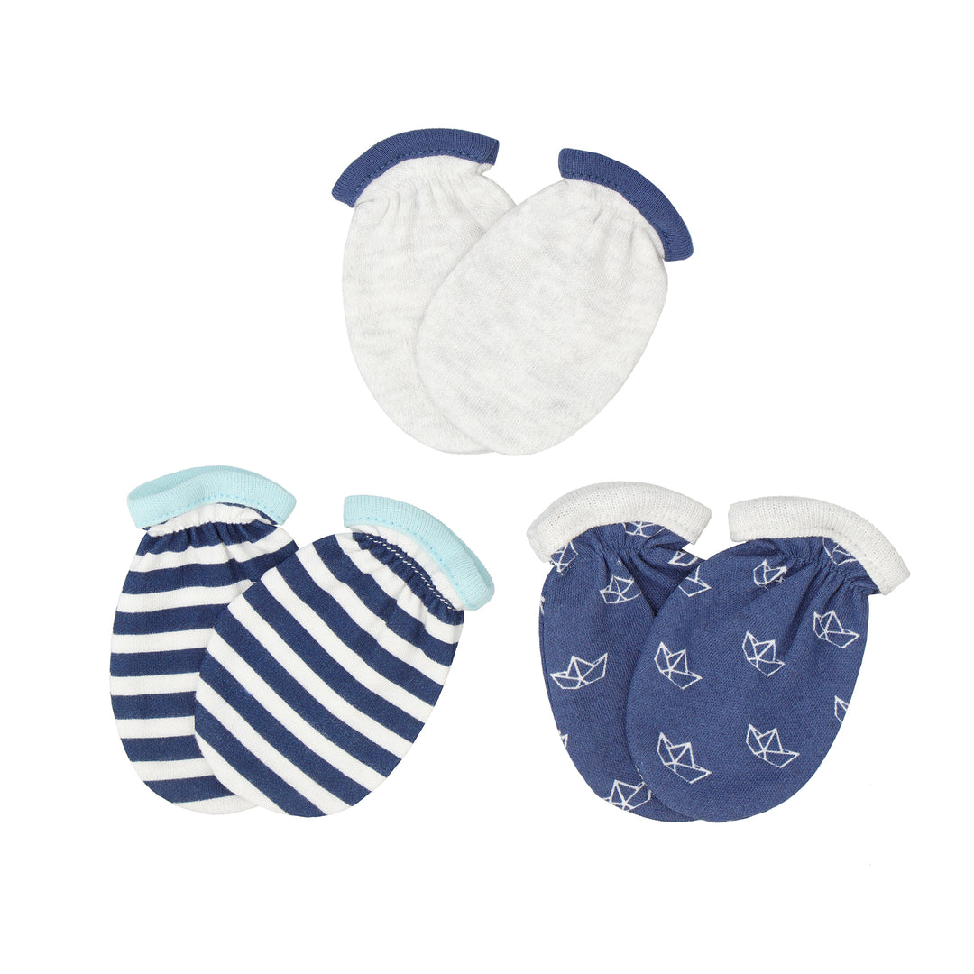 3 pairs of cotton baby mittens in sailboat, stripe, and white design