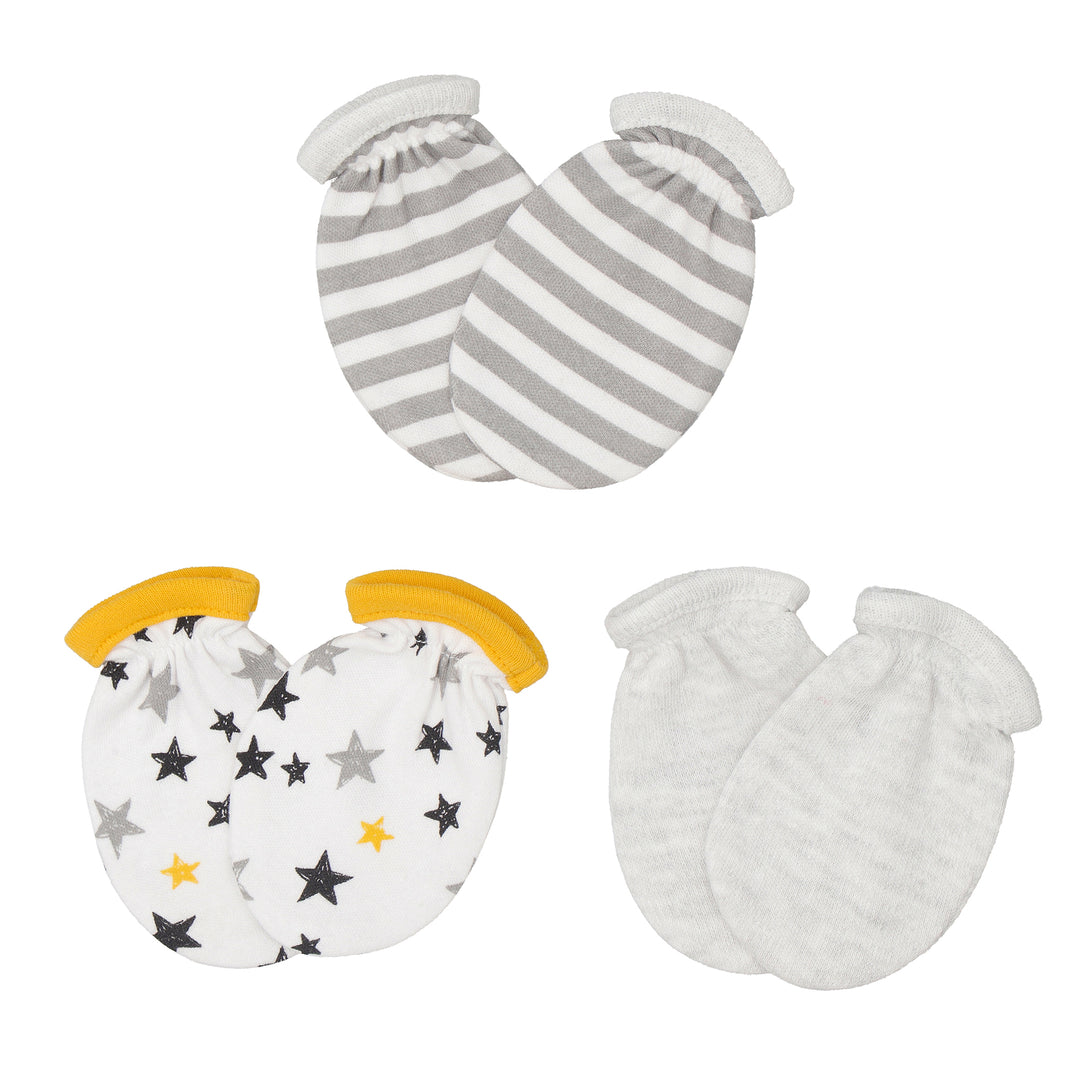 3PK Cotton Baby Mittens set in Star Gazer, Grey Stripe, and White colors