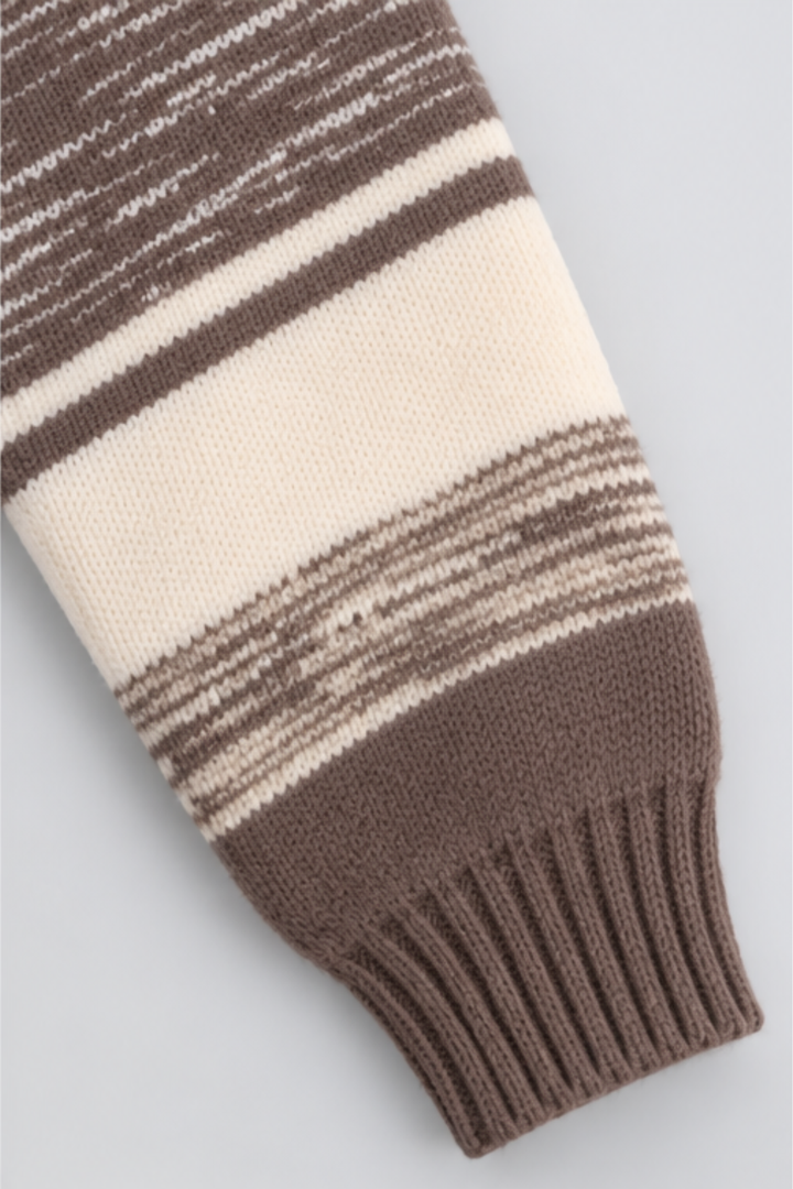 Chocolate brown and cream striped full sleeve with ribbed cuff on Featherhead boys winter sweater FB-4286