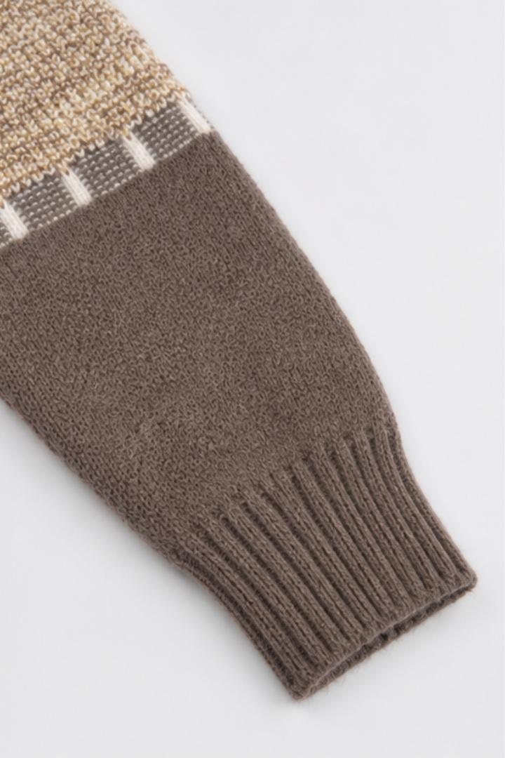 Mocha brown and cream knitted full sleeve with ribbed cuff on Featherhead winter sweater FB-4291