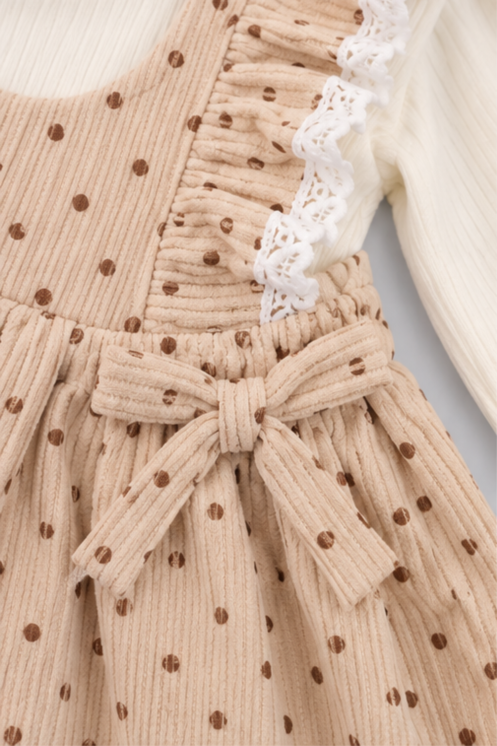 Ivory Cream Polka Dot Corduroy Frock - FG-5685