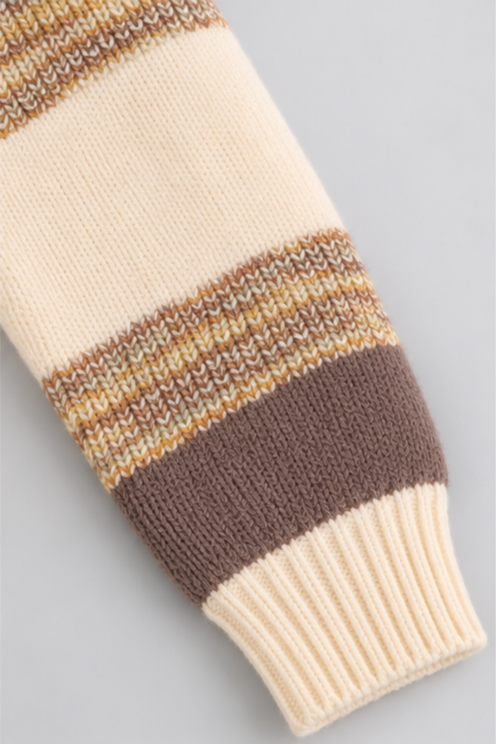 Chocolate brown and cream striped sleeve with ribbed cuff on Featherhead boys winter sweater FB-4276