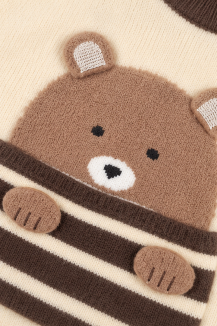 Chocolate Brown & Cream Cocoa Bear Colorblock Wool Sweater - FB-4353