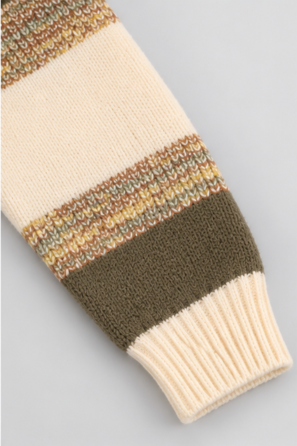 Olive brown and cream striped full sleeve with ribbed cuff on Featherhead boys winter sweater FB-4281