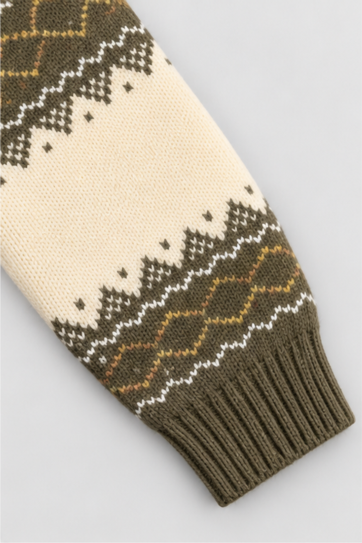 Cream and olive green Nordic patterned knitted sleeve with ribbed cuff on Featherhead sweater FB-4296
