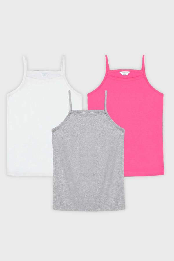 3-pack tank tops in white, grey, and pink colors