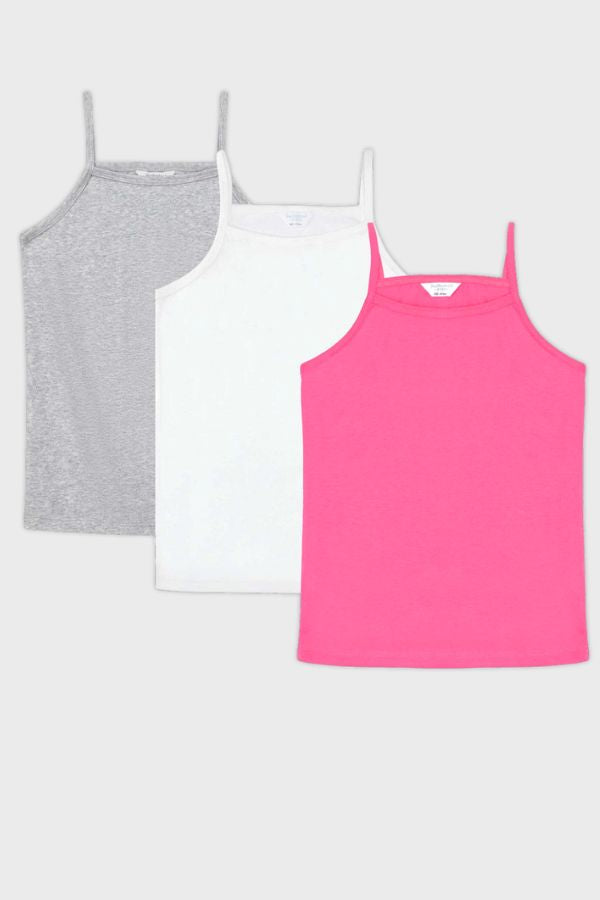 Folded stack of 3 tank tops in assorted colors