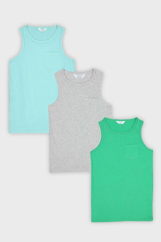 Kids 3 pack tank tops FB-3762 aqua grey and green cotton jersey