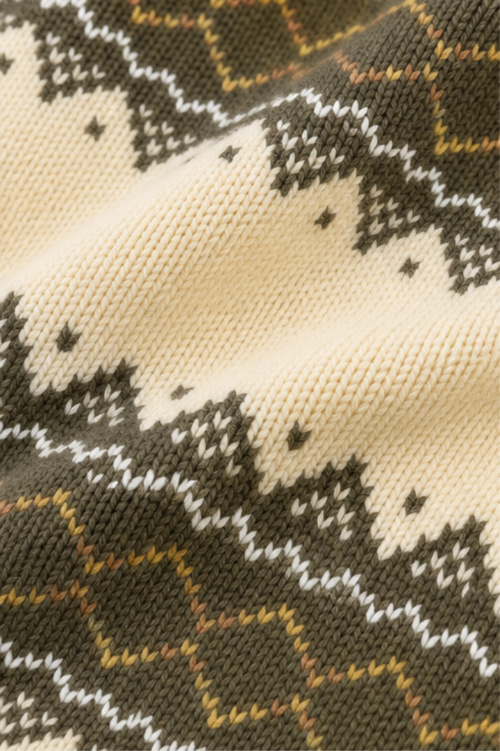 Detailed olive green and cream Nordic geometric knit fabric pattern on Featherhead kids winter sweater FB-4296