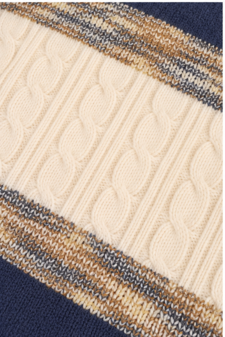 Navy Blue & Ivory Cream Classic Mélange Cable Knit Sweater - FB-4311