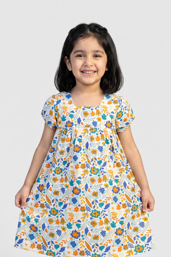 Girl wearing Featherhead Girls Cotton Floral Puff Sleeves Dress FB-5587 with blue and yellow floral print