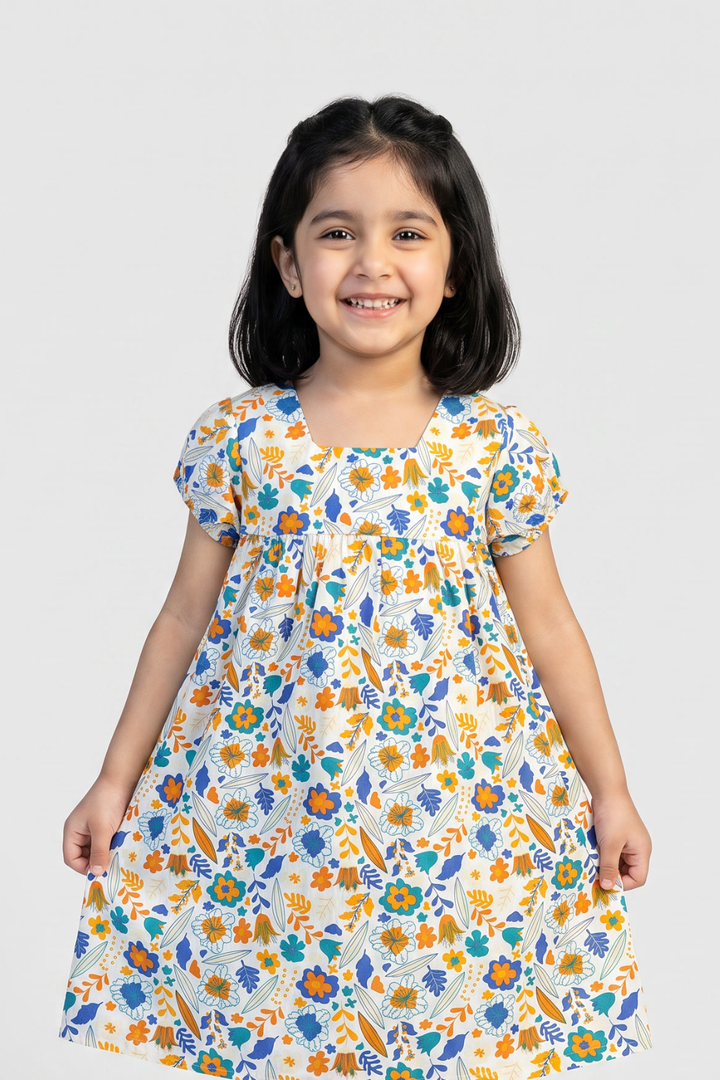Girl wearing Featherhead Girls Cotton Floral Puff Sleeves Dress FB-5587 with blue and yellow floral print