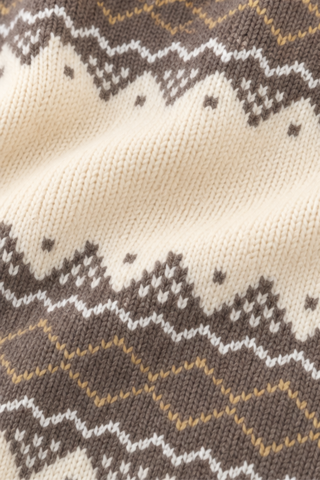 Detailed mocha brown and cream Nordic geometric knit pattern on Featherhead kids winter sweater FB-4247