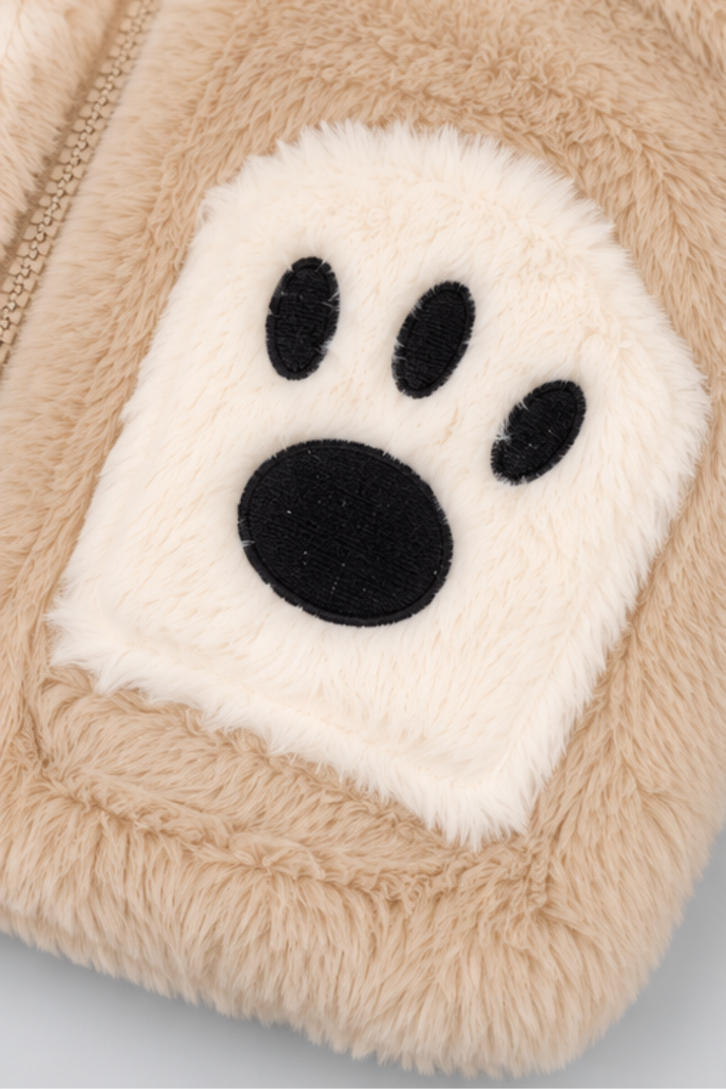 Camel Beige & Ivory White Teddy Paws Fur Zip-Up Hoodie - FB-10795