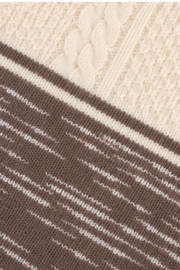 Close-up of textured chocolate brown and cream horizontal stripe knit pattern on boys sweater FB-4286