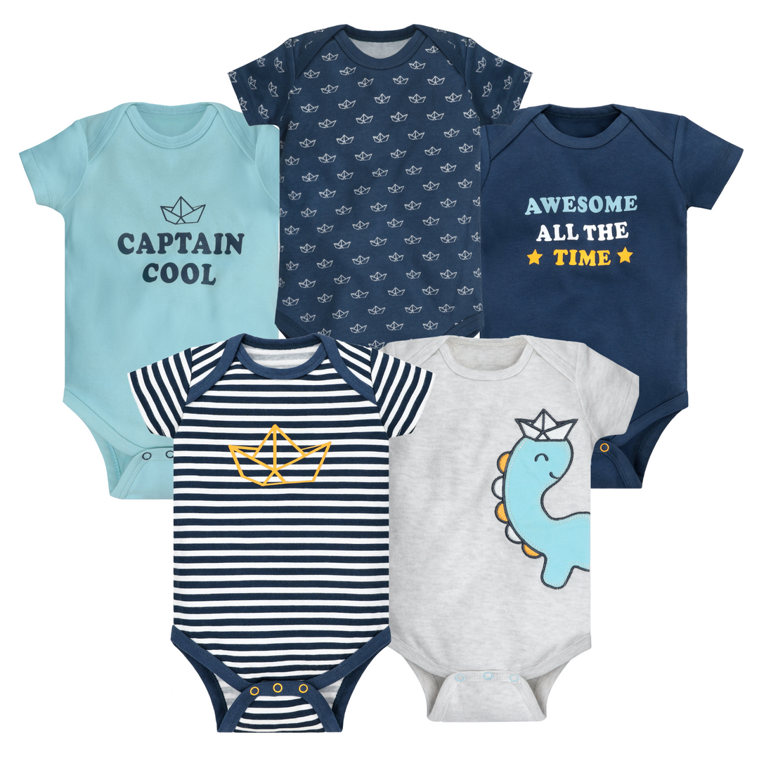 Pack of 5 cotton baby bodysuits with dino and navy prints – breathable cotton
