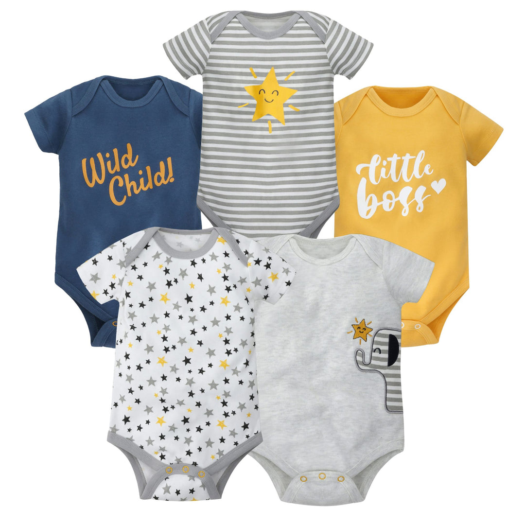Pack of 5 cotton baby bodysuits with elephant, star, stripe, and slogan prints