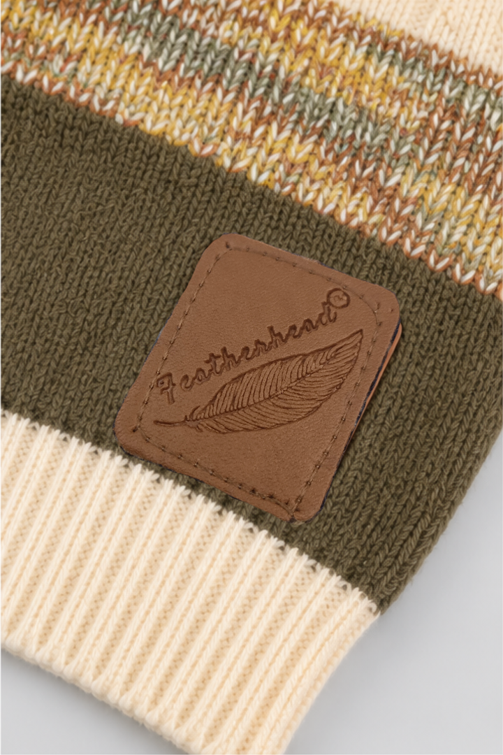 Featherhead signature logo patch and ribbed hem detail on olive brown knitted boys sweater FB-4281