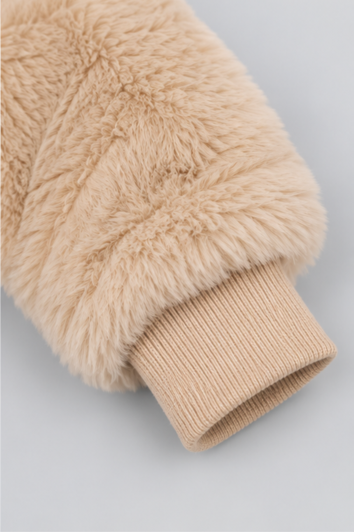 Camel Beige & Ivory White Teddy Paws Fur Zip-Up Hoodie - FB-10795