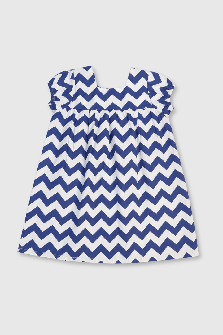 Front view of Girls Cotton Chevron Puff Sleeves Dress FB-5581 by Featherhead Pakistan