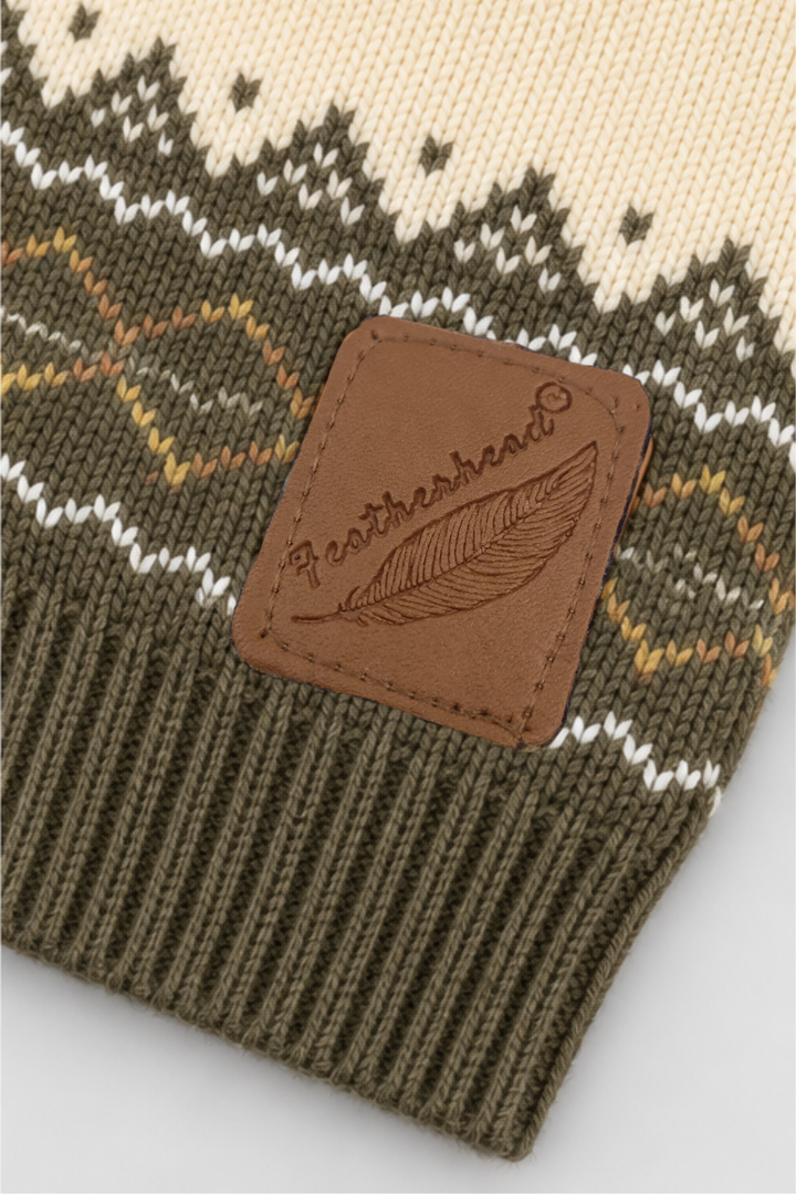 Featherhead brown logo patch on olive green ribbed hem of Nordic winter knit sweater FB-4296