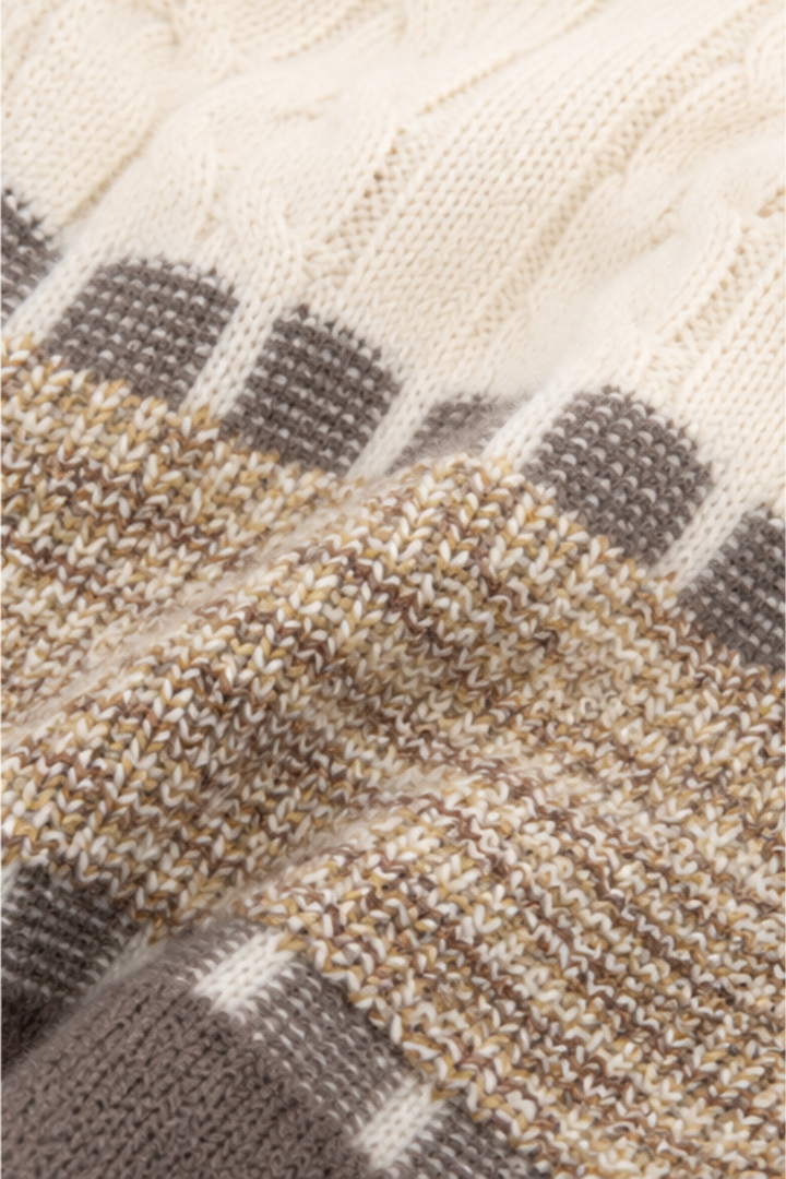 Detailed cream and mocha brown cable knit fabric texture with heritage-inspired pattern on kids sweater FB-4291