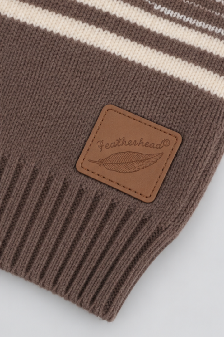Featherhead signature brown logo patch and ribbed hem detail on chocolate brown knitted boys sweater FB-4286