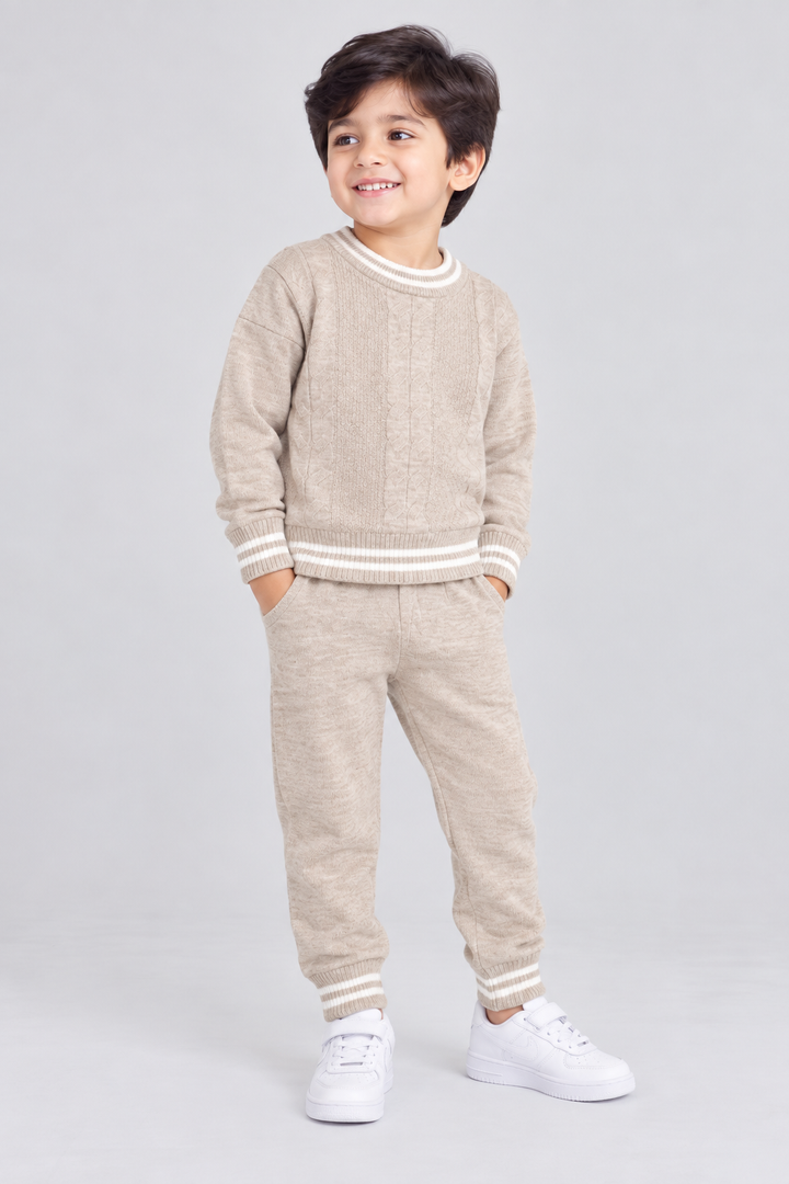 Oatmeal Beige Cable Knit Sweater & Trouser Set - FB-4219