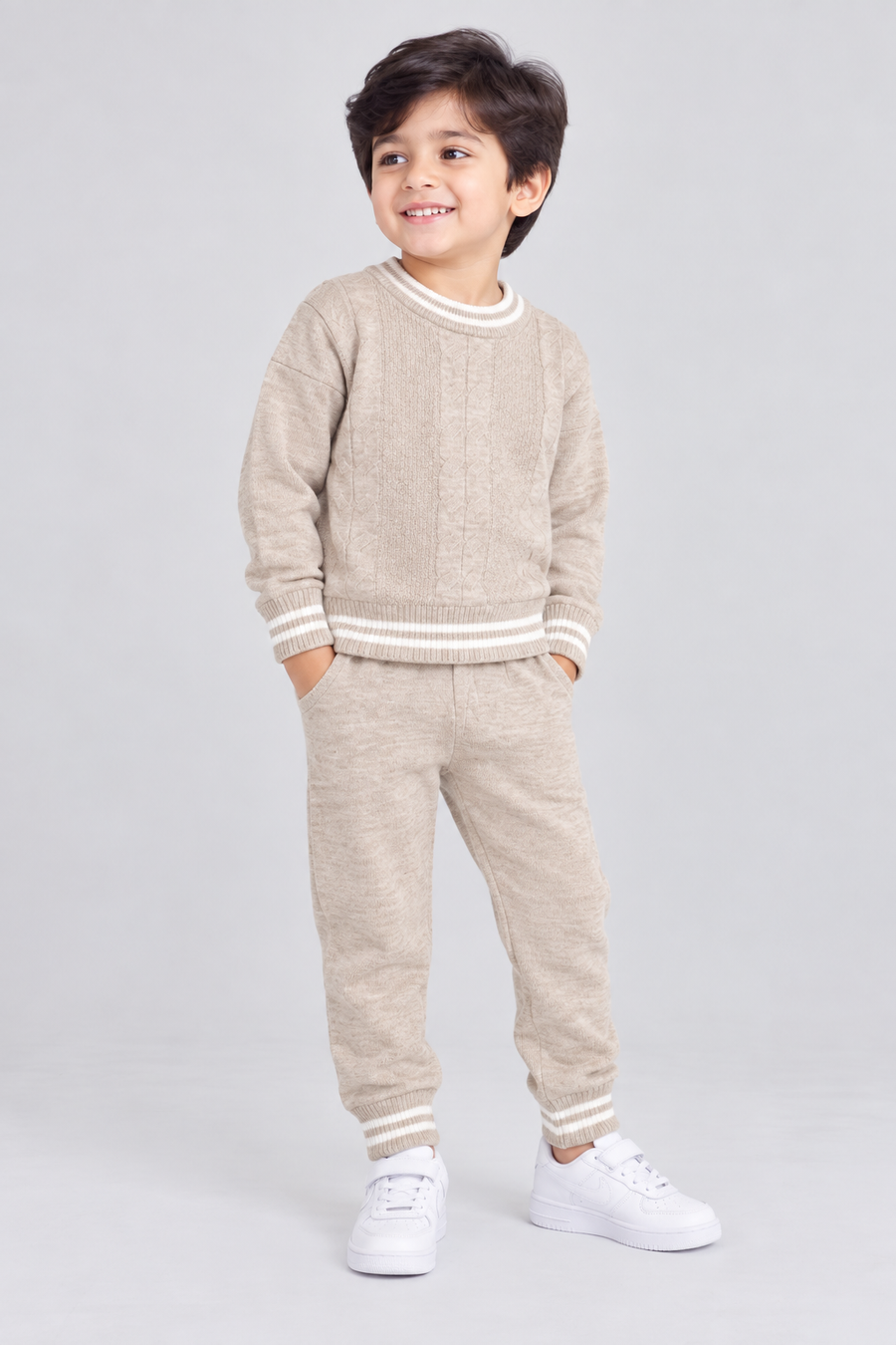 Oatmeal Beige Cable Knit Sweater & Trouser Set - FB-4219