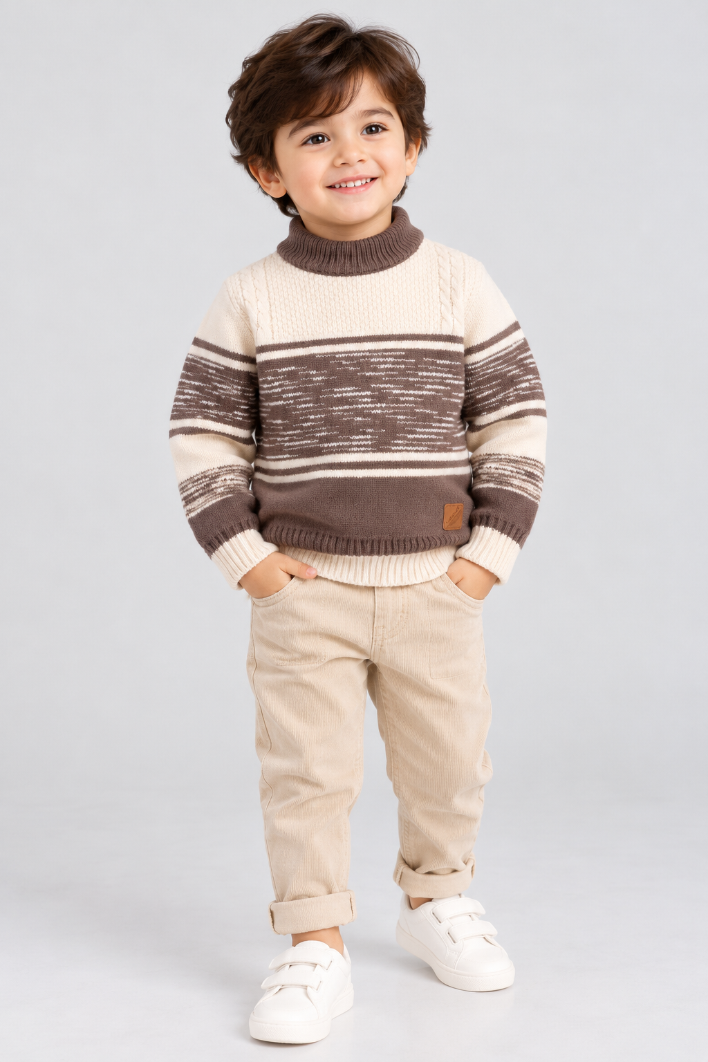 Pakistani toddler boy wearing Featherhead chocolate brown cocoa frost knit winter sweater FB-4286 with beige trousers