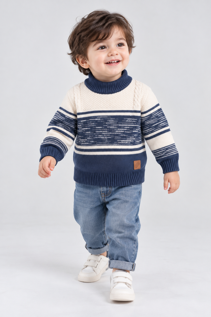 Ivory Cream & Navy Blue Classic Contrast Knit Sweater - FB-4316